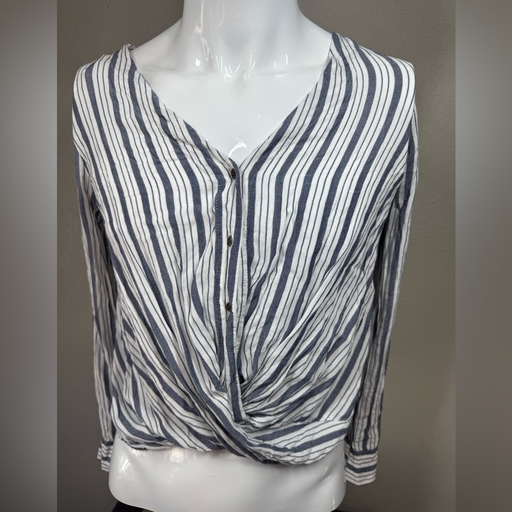 a.n.a Blue and White Striped Buttoned Blouse